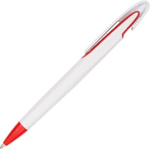 A white plastic pen with a red tip and trim, featuring a clip and a sleek design.