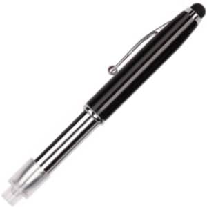 A metal pen in black with a silver clip and a transparent tip, featuring a logo.