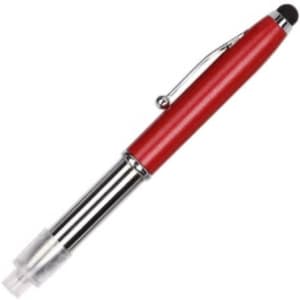 A red metal pen with a chrome clip and end, featuring a stylus tip. It has a sleek design.