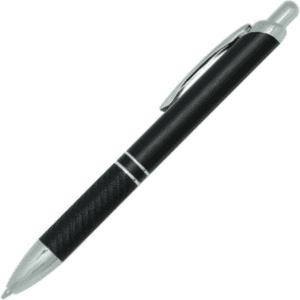 A metal pen featuring a sleek black design with silver accents and a textured grip.