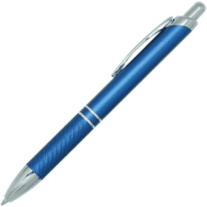 A blue metal pen with a chrome clip and accents, featuring a textured grip area.