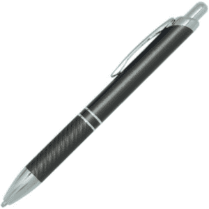 A metallic black pen with a silver clip and accents, featuring a textured grip. It includes a logo on the body.
