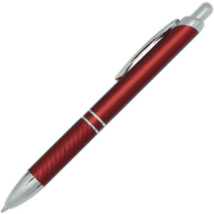 A red metal pen with a silver clip and accents. The design features a textured grip.