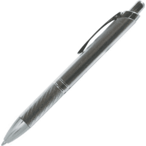 A metal pen with a sleek silver finish and textured grip, featuring a clip and a branding logo.
