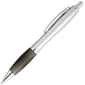 A silver and black plastic pen with a smooth finish and a clip for attachment. It features a branding logo.