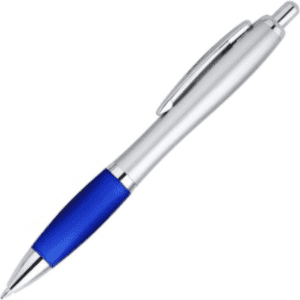 A plastic pen with a silver barrel and blue grip, featuring a clip and a shiny finish.