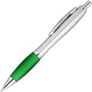 A plastic pen with a shiny silver barrel and a green rubber grip. It features a clip for attachment.