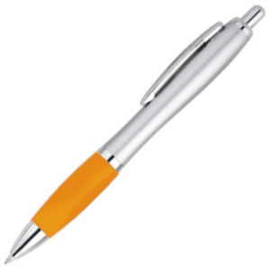 A plastic pen with a silver barrel and an orange grip, featuring a clip and a shiny finish.