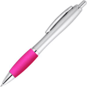 A pink and silver plastic pen with a smooth finish and a clip. The pen features a bright pink grip section.