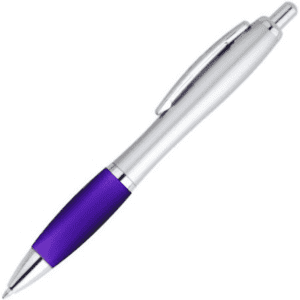 A purple and silver plastic pen with a sleek design and a clip for easy attachment.