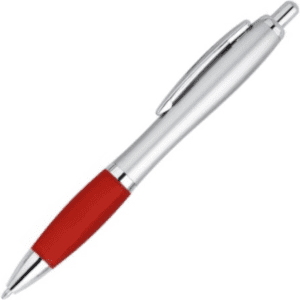 A plastic pen with a silver barrel and a red rubber grip, featuring a clip and a shiny tip.