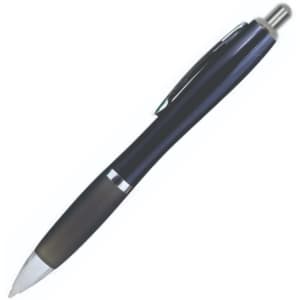 A sleek black plastic pen with a silver accent and a smooth grip, featuring a clip and a shiny tip.