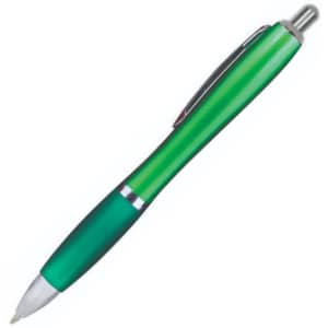 A green plastic pen with a sleek design and a chrome accent, featuring a clip for convenient attachment.
