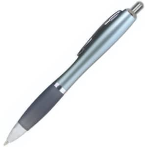 A plastic pen in metallic blue and grey, featuring a smooth grip and a clip for attachment.