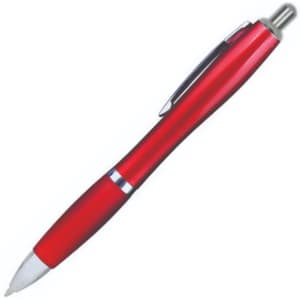 A red plastic pen with a shiny finish and a silver clip, featuring a smooth writing tip.