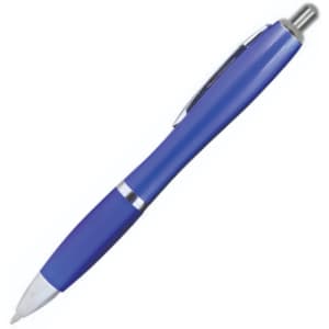A blue plastic pen with a smooth grip and metal detailing, featuring a logo.