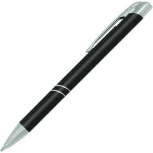 A black metal pen with silver accents and a sleek design, featuring a clip and a logo.