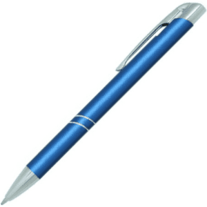 A blue metal pen with a silver clip and accents, featuring a sleek design and a logo.