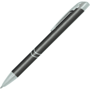 A metal pen in black with silver accents and a clip, featuring a sleek and modern design.