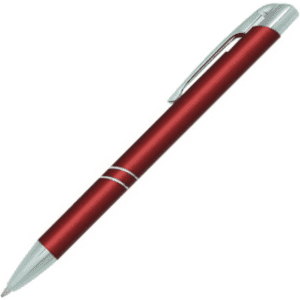 A red metal pen with a shiny silver clip and decorative bands. It features a sleek design and a branding logo.