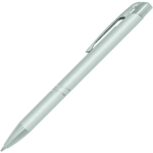 A silver metal pen with a sleek design and a clip attached. It features a polished finish.