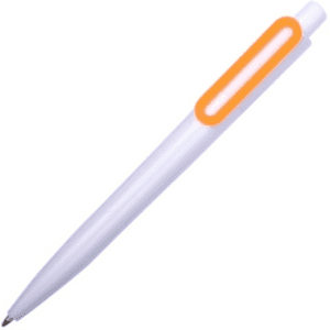 A plastic pen in white with an orange accent, featuring a logo.