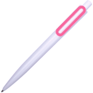 A plastic pen in white with a pink grip and a branding logo on the side.