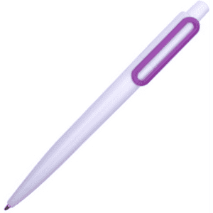 A plastic pen in white with a purple clip and details. The pen has a sleek design and features branding.