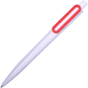 A plastic pen in white with a red accent, featuring a logo on its side.