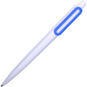 A blue and white plastic pen with a smooth finish and a logo on its body.