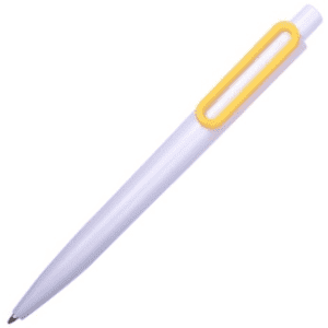 A plastic pen in white with a yellow clip, featuring a simple design and a logo.