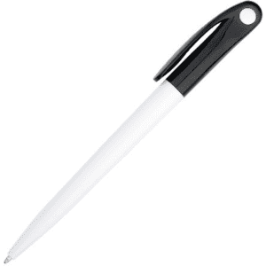 A plastic pen with a white barrel and a black cap, featuring a branding logo on its side.