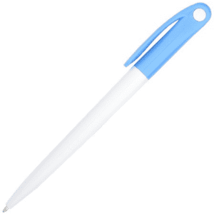 A plastic pen with a white body and a light blue cap featuring a hole for attachment. It has a logo.
