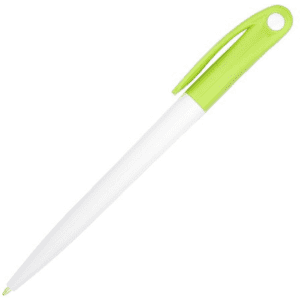 A plastic pen featuring a white barrel and a lime green cap, with a logo on the side.