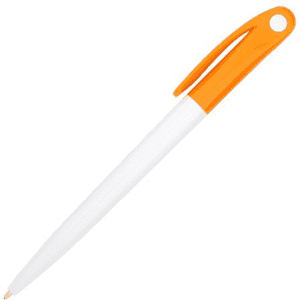 A plastic pen with a white barrel and an orange cap, featuring a clip and a logo.
