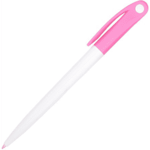A pink and white plastic pen with a clip and a logo on the body.