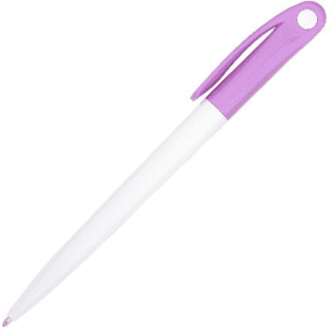 A pen featuring a white barrel and a purple cap, with a branding logo on it.