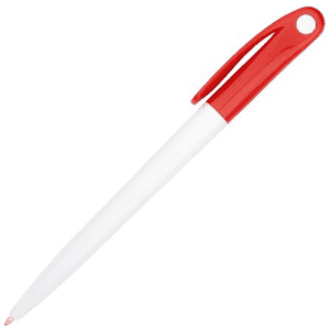 A plastic pen with a red cap and a white barrel, featuring a logo on the side.