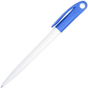 A plastic pen with a blue top and a white barrel, featuring a clip and a rounded end.