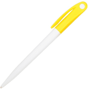A plastic pen with a white body and a yellow cap. The pen features a clip and a logo.