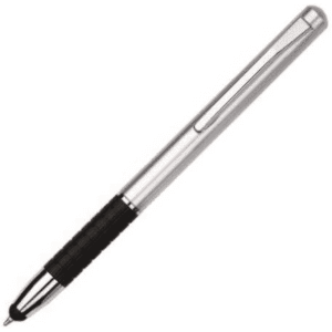 A stylus pen in silver and black with a textured grip and a clip for easy attachment.