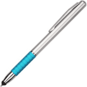 A stylus pen with a silver body and a turquoise textured grip, featuring a clip for easy attachment.