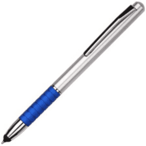 A stylus pen with a silver body and a blue textured grip, featuring a clip and a black tip.
