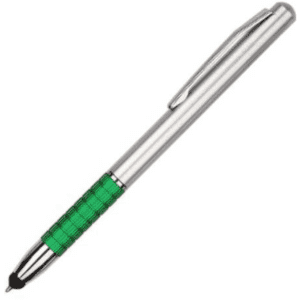 A stylus pen with a shiny silver body and a textured green grip. It features a clip for attachment.