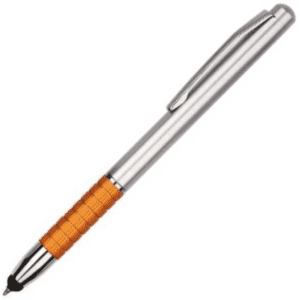 A stylus pen with a silver barrel and an orange rubber grip, featuring a clip and a sleek design.