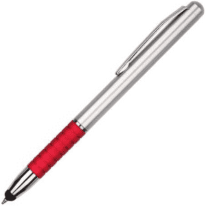 A stylus pen with a metallic silver body and a vibrant red rubber grip, featuring a clip.