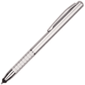 A stylus pen in silver with a textured grip and a clip on the side. It features a logo on the body.