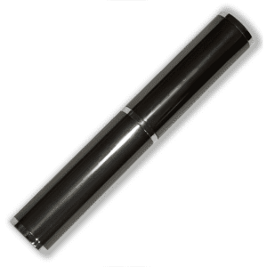 A sleek black pen tube with silver accents and a smooth finish. It features a logo on its surface.