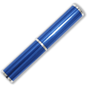 A blue pen tube with silver accents, featuring a smooth, shiny surface and an elegant design.
