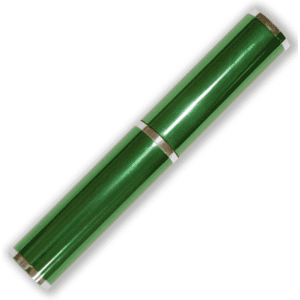 A green pen tube with silver accents, featuring a sleek, cylindrical design and a branding logo.